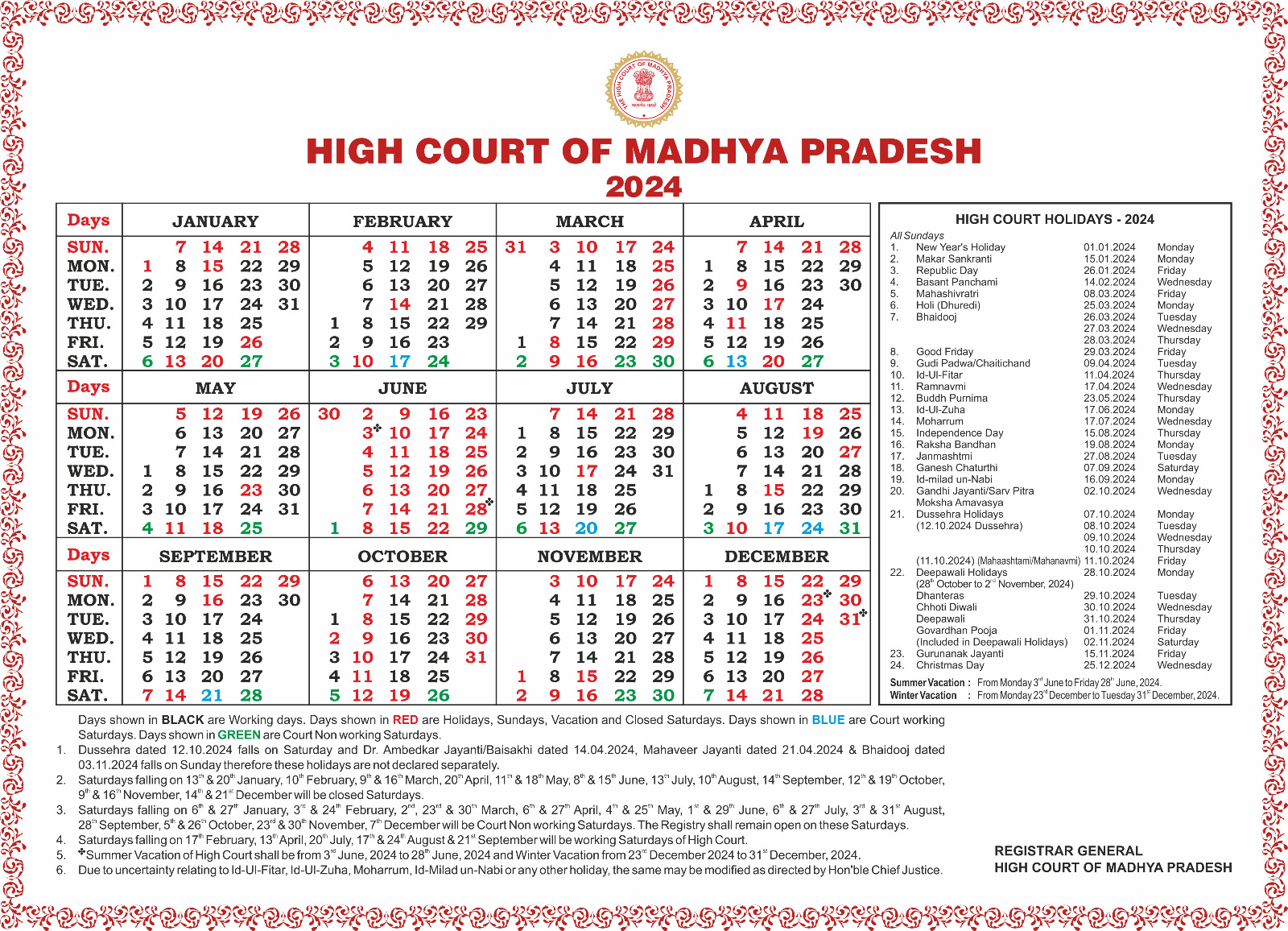 Karnataka High Court Calendar 2025 Pdf 