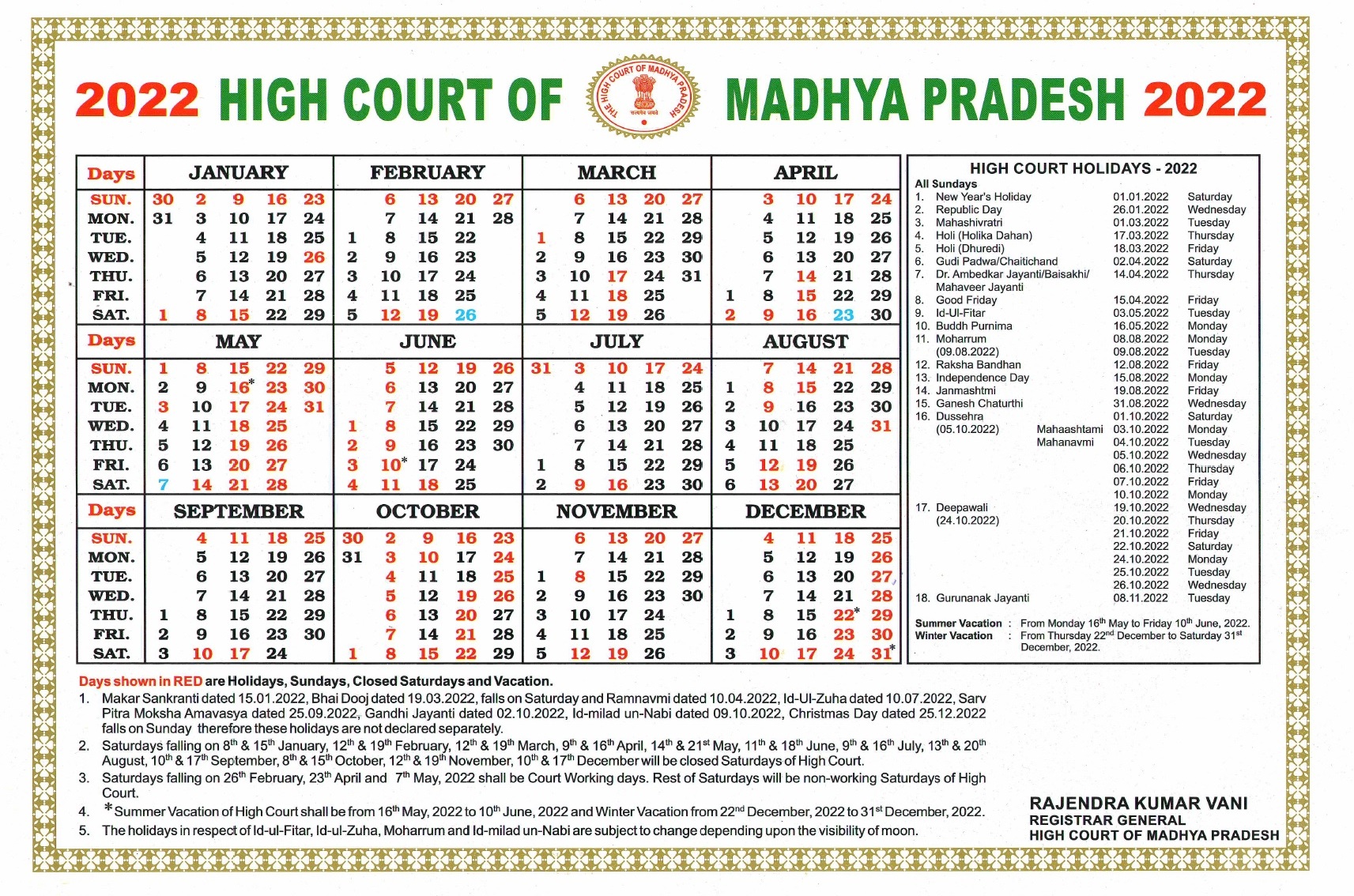 Calendar High Court Of Madhya Pradesh