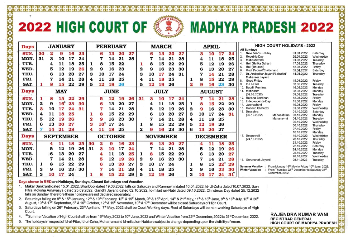 Calendar High Court of Madhya Pradesh