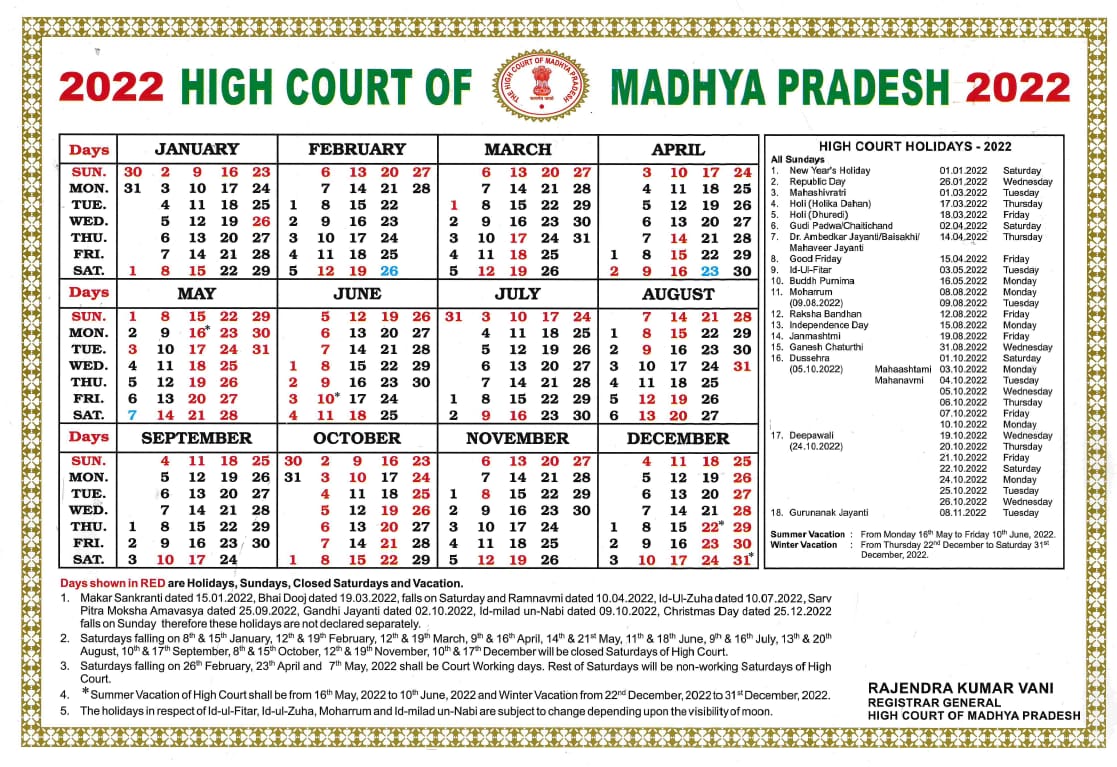 Calendar High Court Of Madhya Pradesh